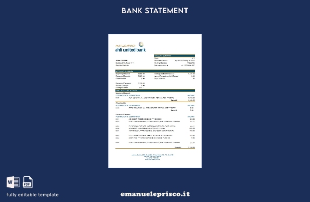 modello Excel di estratto conto bancario Bahrain Ahli United in stile verificato